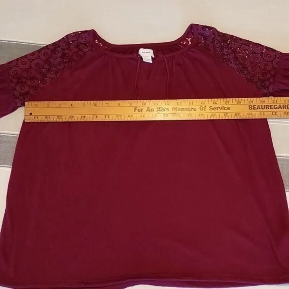 Old Navy Girls XXL 16 Burgundy Crochet Lace Shoulder‎ Peasant Blouse 3/4 Sleeve